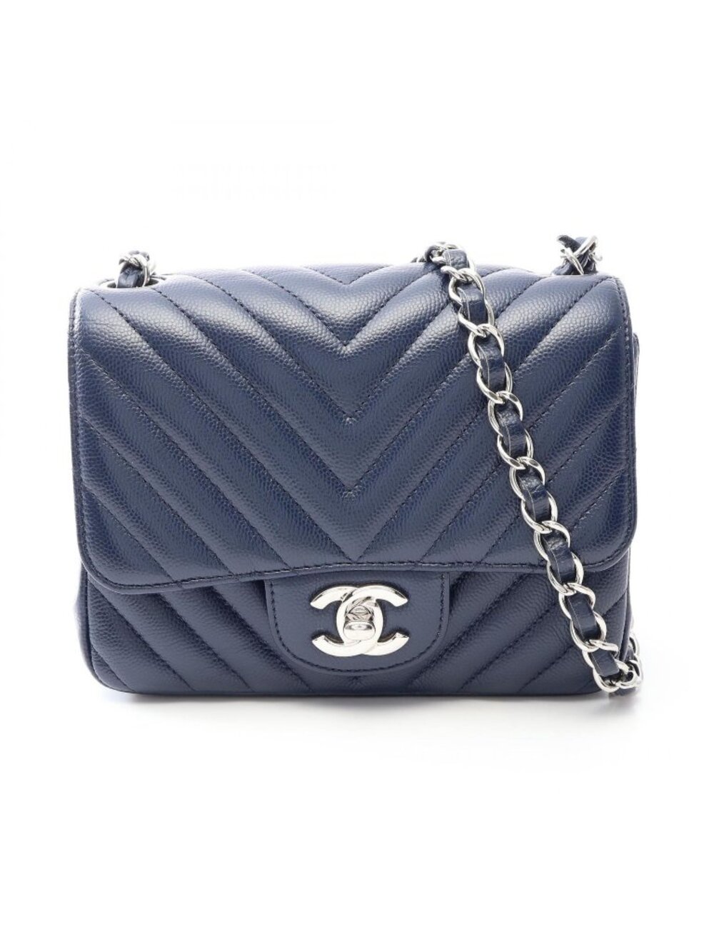 Chanel Shoulder Bag Chevron V-stitch Mini Navy Caviar Leather Chain